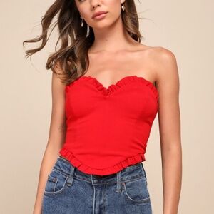 Lulus Swoon-worthy Date Red Ruffled Strapless Lace-up Bustier Top - Size XS